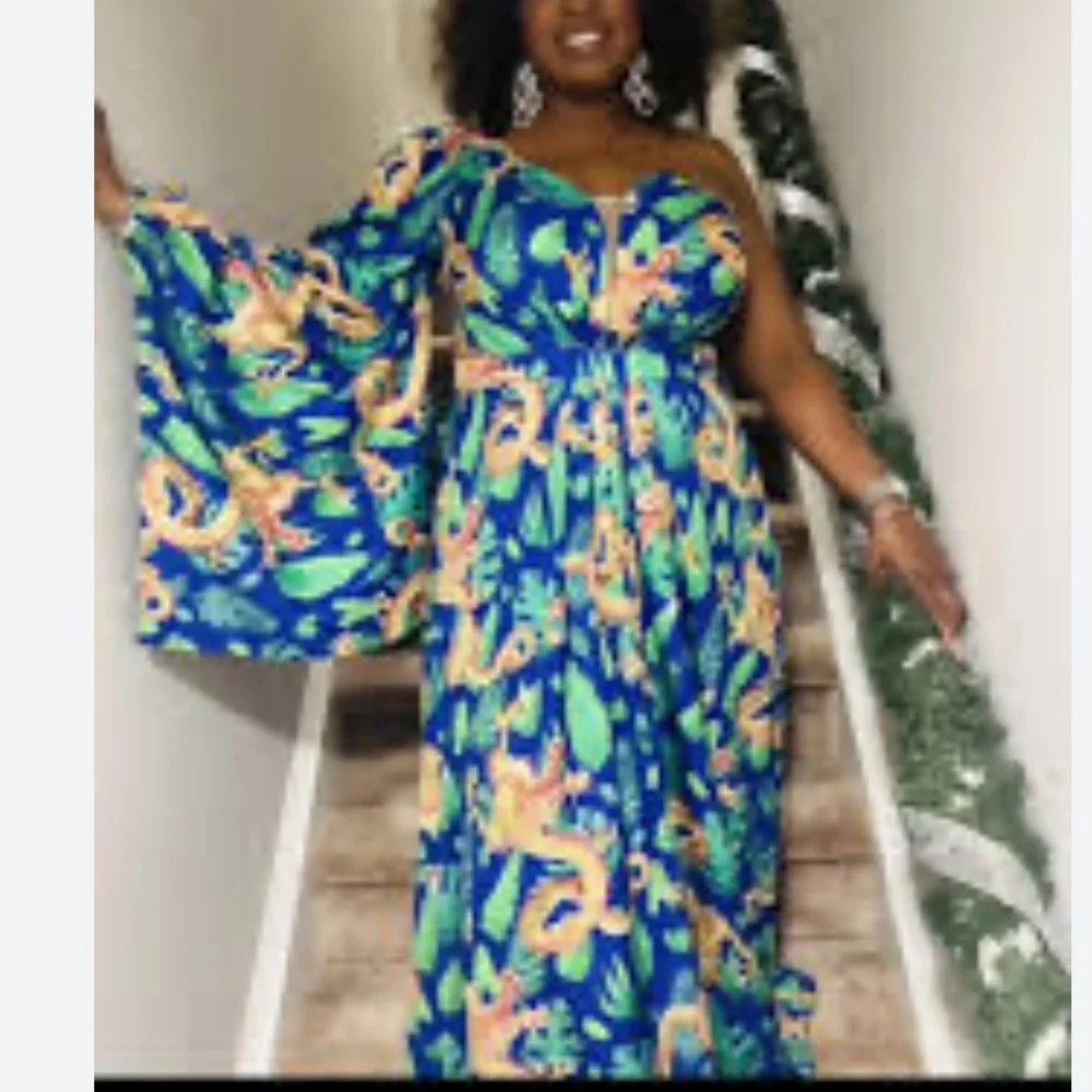 New Giffniseti Dragon Shoulder Bridesmaid Maxi Dress Gown Kimono Blue Orange - Picture 10 of 15